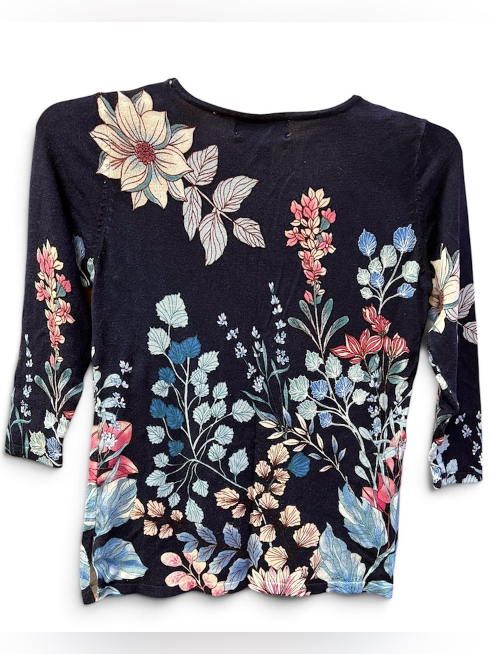 Navy Floral 3/4 Sleeve Crewneck Sweater